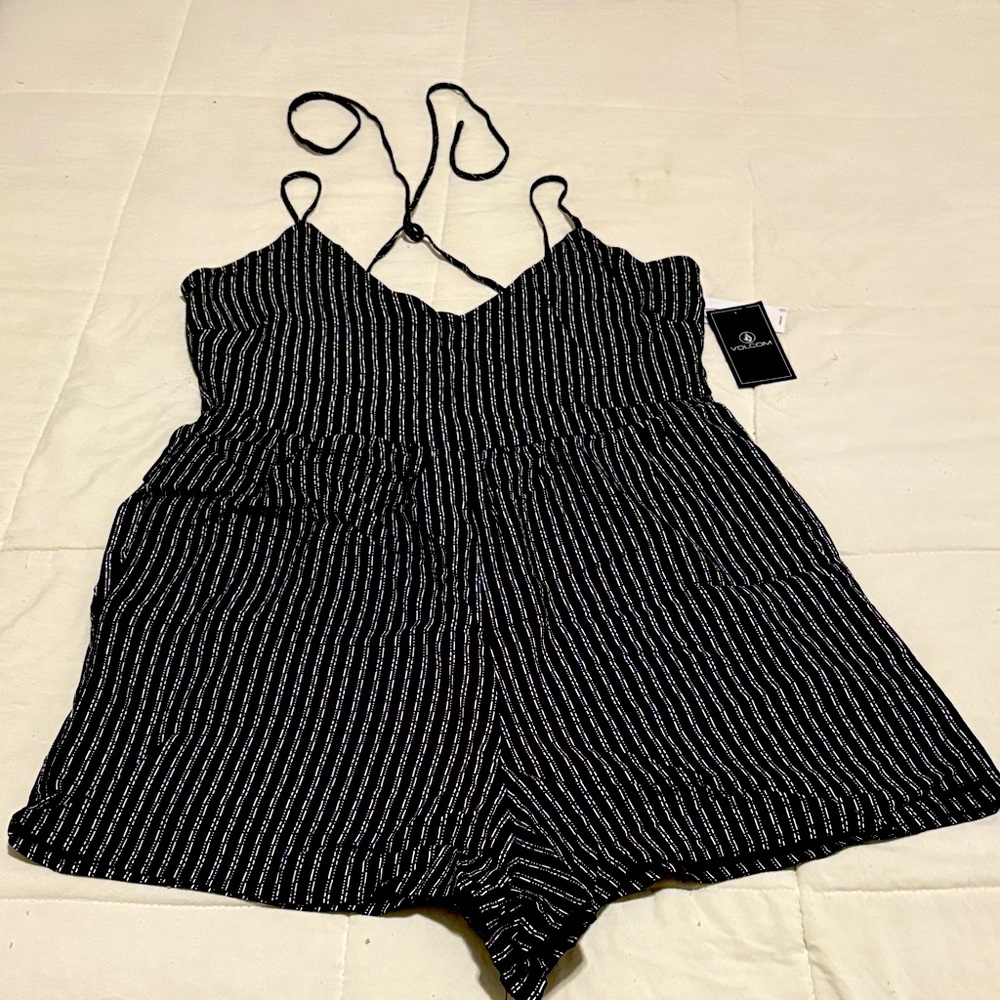 Volcom Black & White Striped Spaghetti-Strap Romper with side pockets